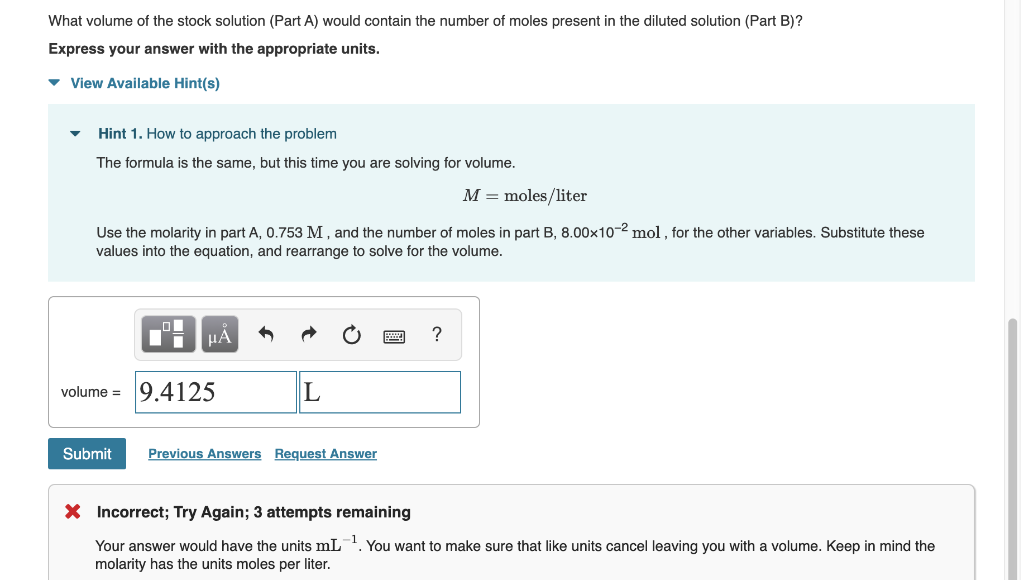 Solved What volume of the stock solution (Part A) would | Chegg.com