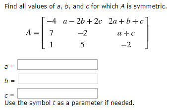 Solved Find all values of a, b, and c for which A is | Chegg.com