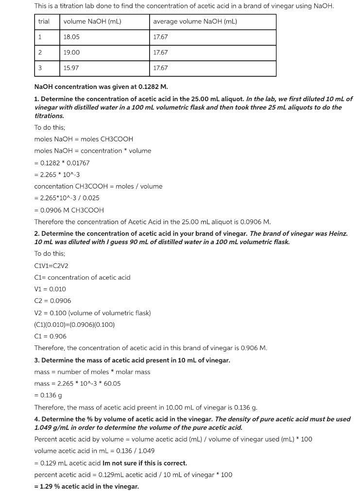 Solved This is from a titration lab done to find the | Chegg.com