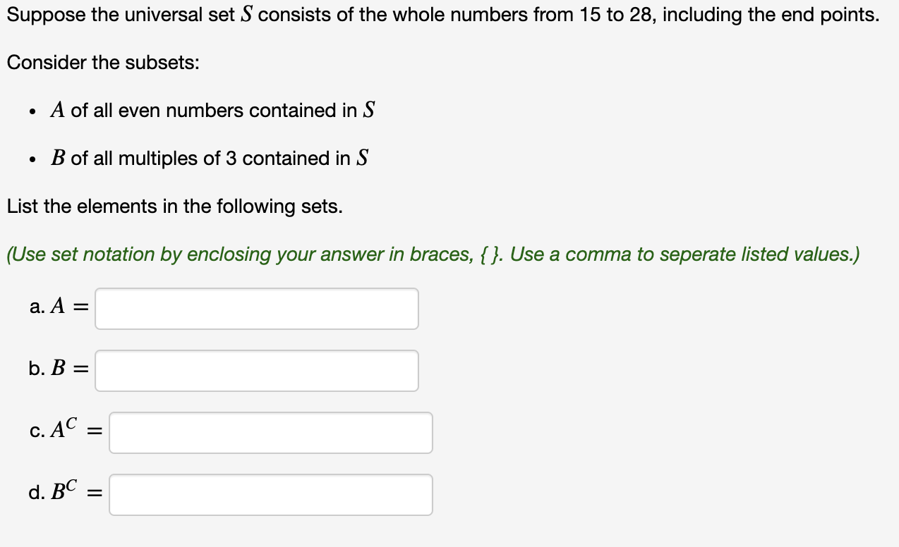 Solved Suppose The Universal Set S Consists Of The Whole Chegg Solved Suppose The Universal Set S Consists Of The Whole Chegg