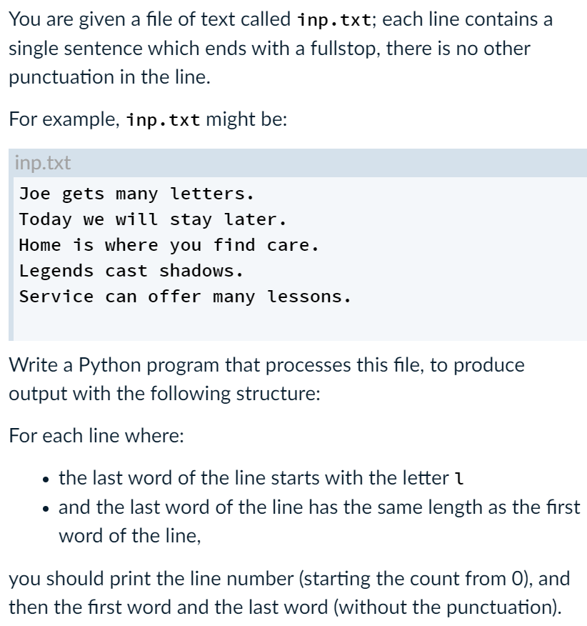 Solved You are given a file of text called inp.txt; each | Chegg.com