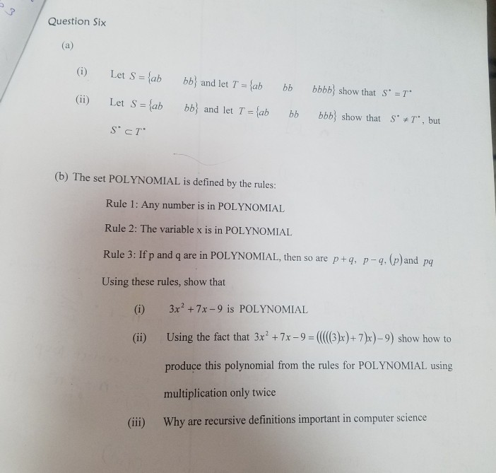 Solved Question Six (1) Let S = {ab B B} And Let T = {ab Bb | Chegg.com