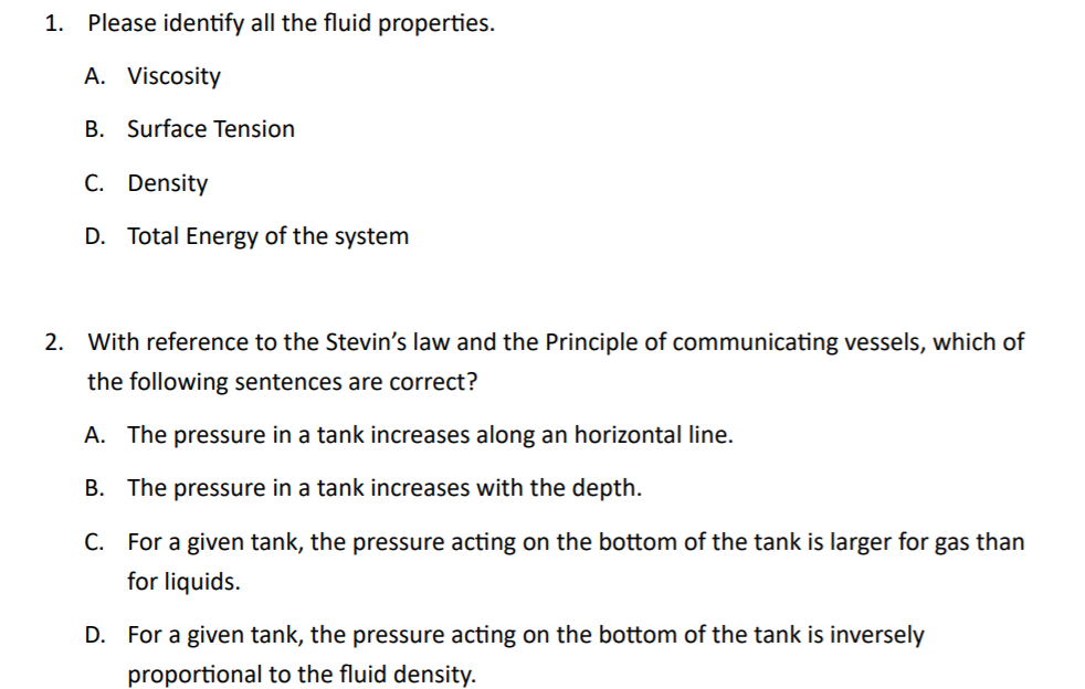 Solved 1. Please identify all the fluid properties. A. | Chegg.com