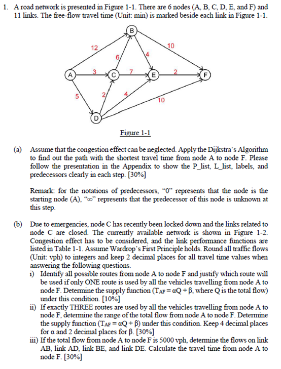 Solved 1. A road network is presented in Figure 1-1. There | Chegg.com