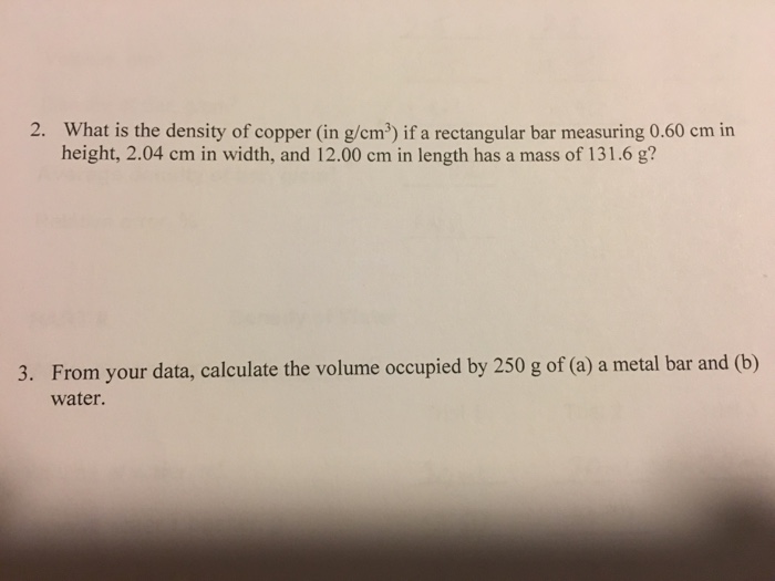 Solved 2. What is the density of copper (in g/cm3) if a