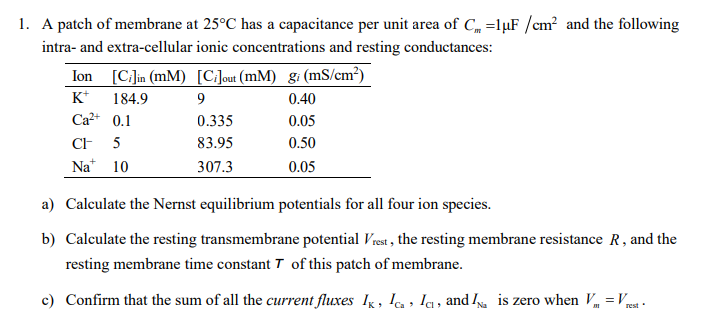 Solved A patch of membrane at 25°C ﻿has a capacitance per | Chegg.com
