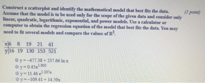Solved ct a scatterplot and identify the mathematical model | Chegg.com