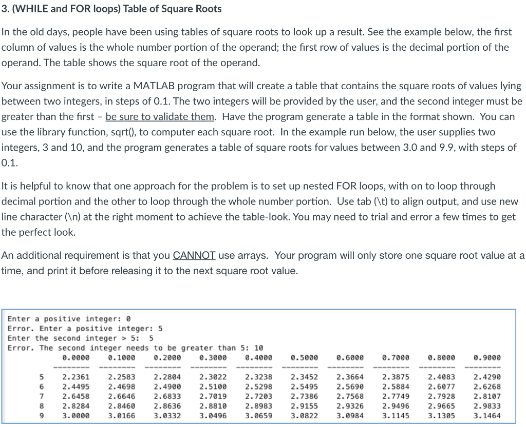 Solved 3. (WHILE and FOR loops) Table of Square Roots In the | Chegg.com
