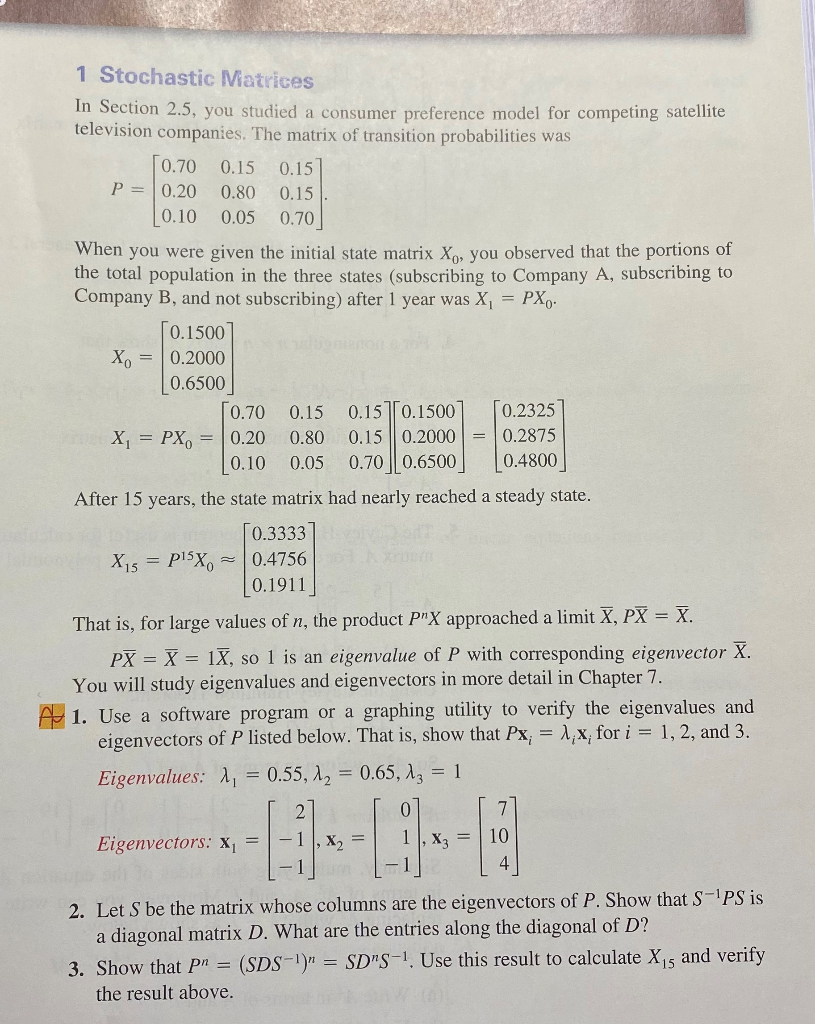 Solved 1 Stochastic Matrices In Section 2.5, you studied a | Chegg.com