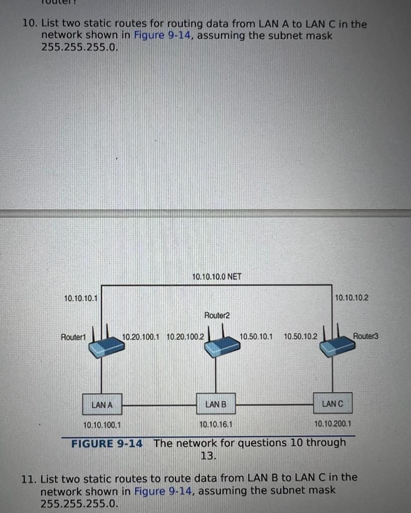 [Solved] 10. List two static routes for routing data from