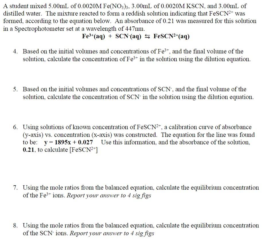 Solved A student mixed 5.00 mL of 0.0020MFe(NO3)3,3.00 mL of | Chegg.com