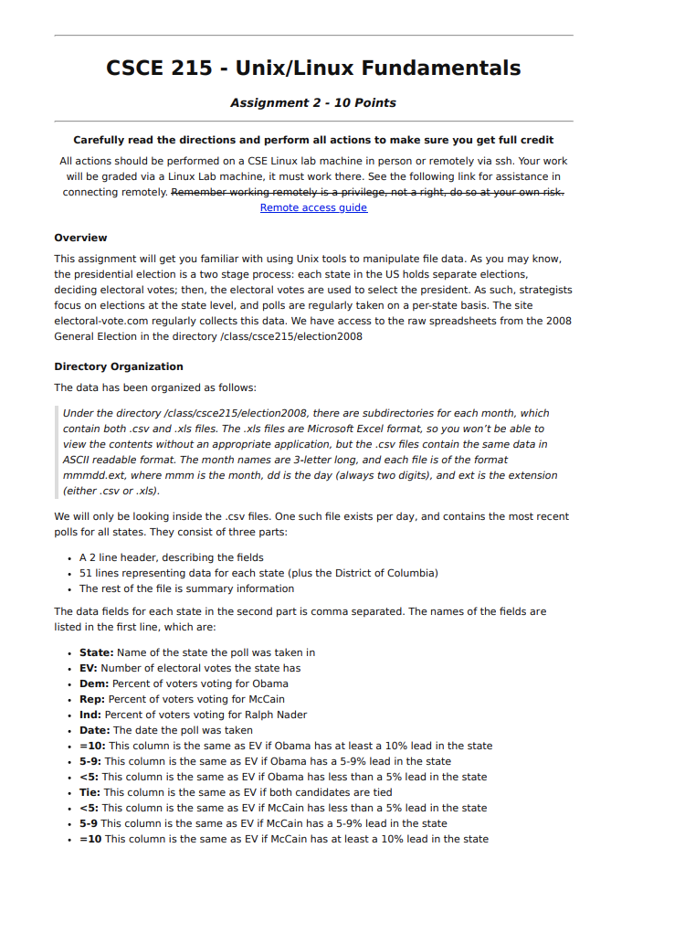 Csce 215 Unix Linux Fundamentals Assignment 2 10 Chegg 