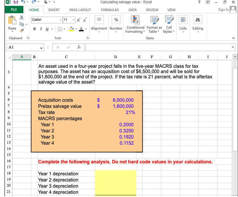 Solved E Calculating salvage value Excel ? u X FILE HOME