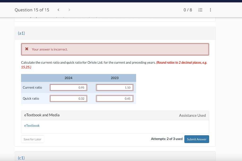 Solved Calculate the current ratio and quick ratio for