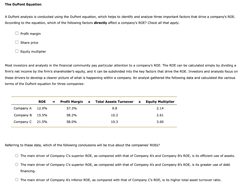 Solved The DuPont Equation A DuPont Analysis Is Conducted | Chegg.com