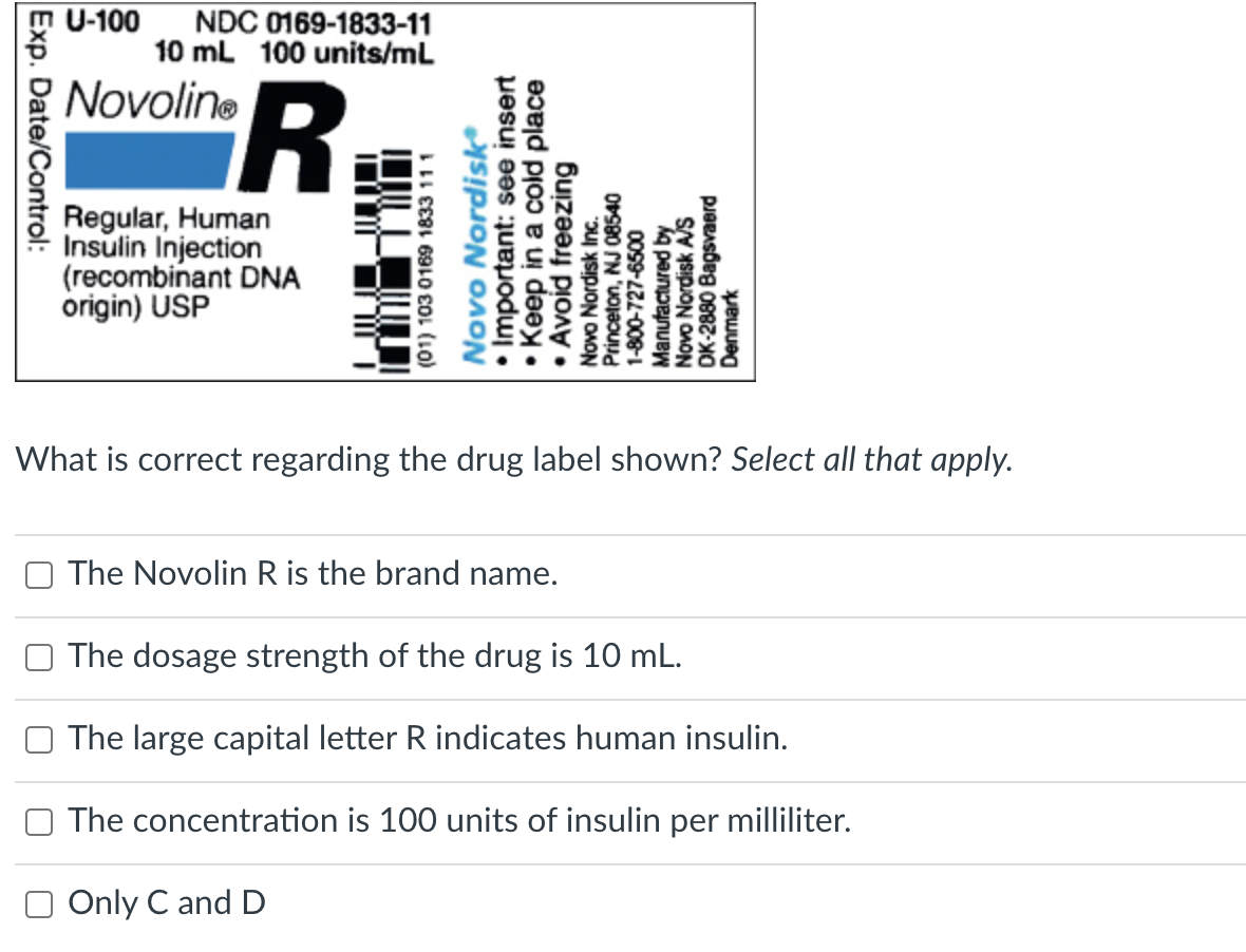 U-100 NDC 0169-1833-11 10 mL 100 units/mL Novoline Exp. Date/Control: R Regular, Human Insulin Injection (recombinant DNA or