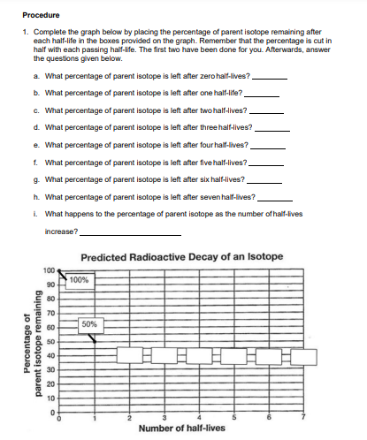 Procedure
1. Complete the graph below by placing the percentage of parent isotope remaining after
each half-life in the boxes