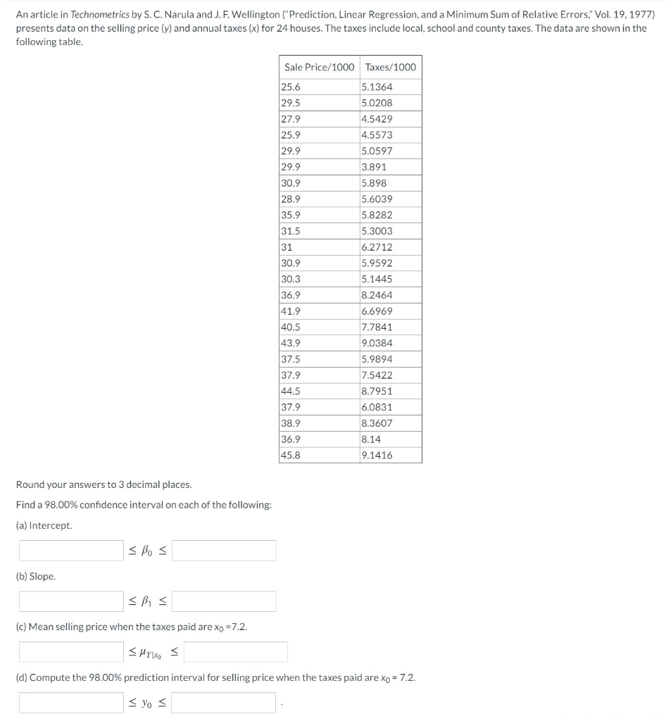 Solved An article in Technometrics by S. C. Narula and J. F. | Chegg.com