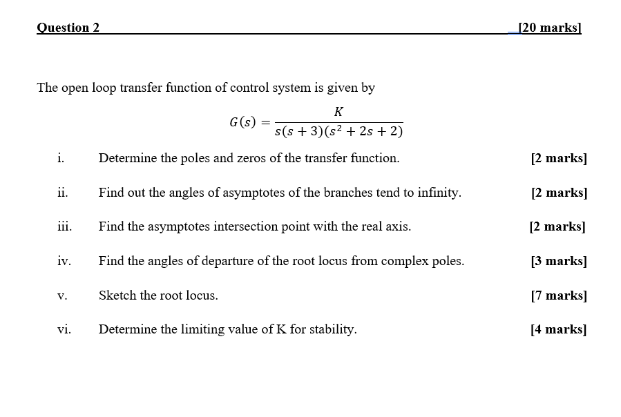 Solved Question 2 [20 marks The open loop transfer function | Chegg.com