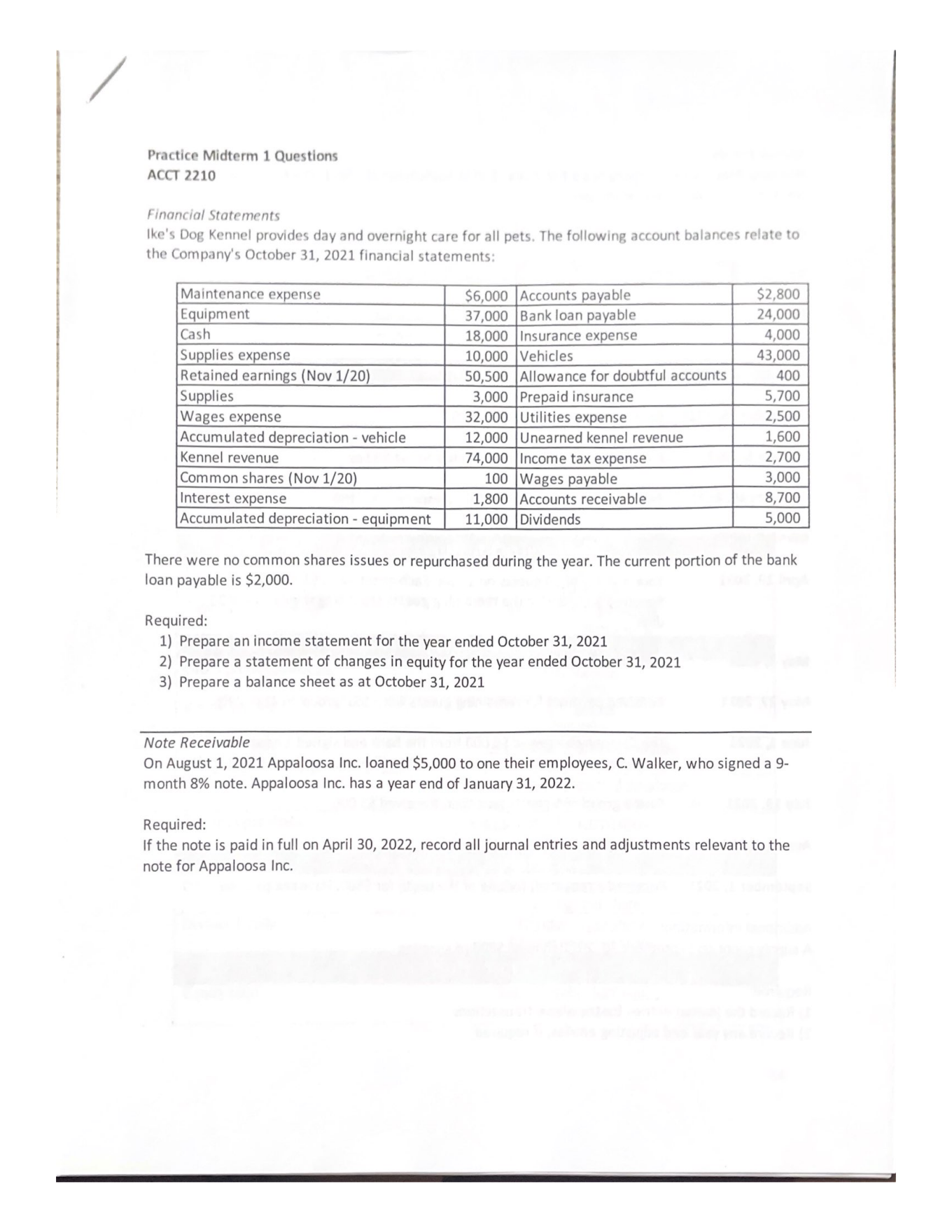 Solved Practice Midterm 1 Questions ACCT 2210 Financial | Chegg.com