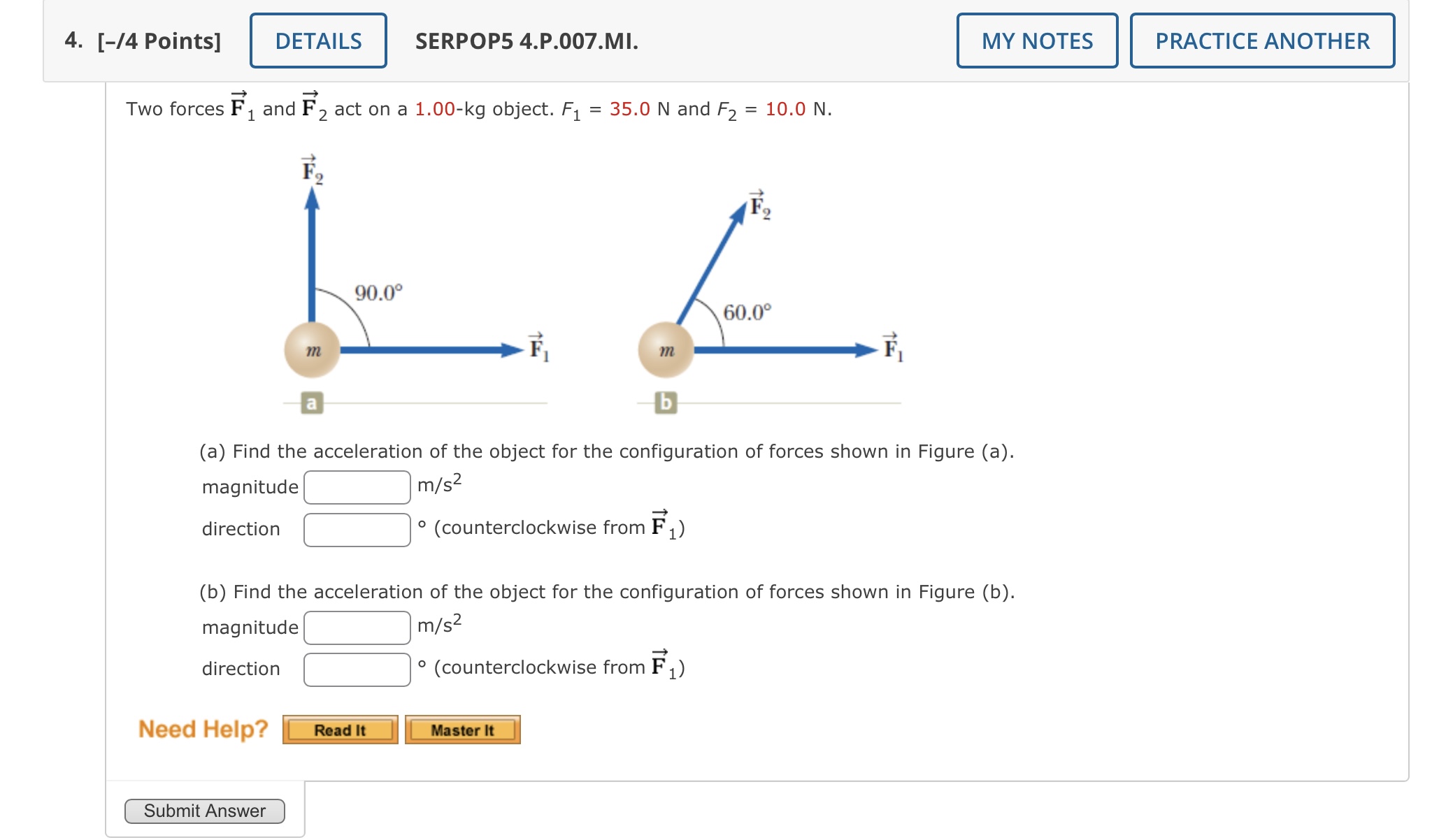 Solved Two Forces F1 And F2 Act On A 1 00−kg Object F1 35 0