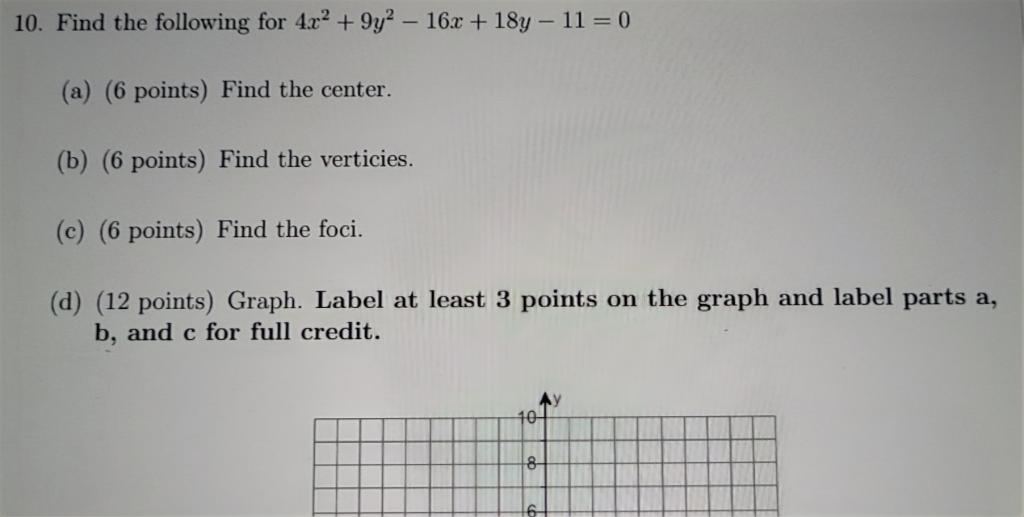 Solved 10 Find The Following For 4x2 9y2−16x 18y−11 0 A