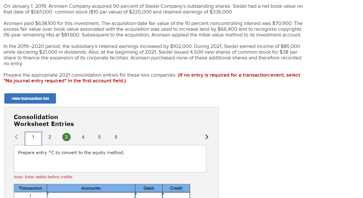 Solved Consolidation Worksheet Entries | Chegg.com