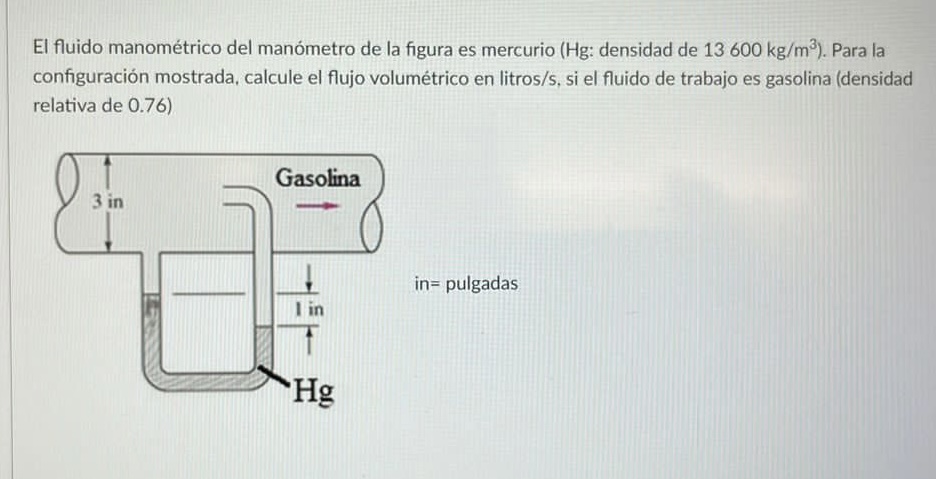 El fluido manométrico del manómetro de la figura es mercurio ( \( \mathrm{Hg} \) : densidad de \( \left.13600 \mathrm{~kg} /