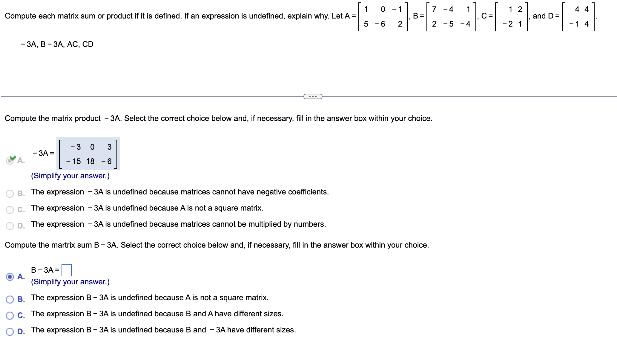 Solved −3A,B−3A,AC,CD Compute the matrix product −3 A. | Chegg.com