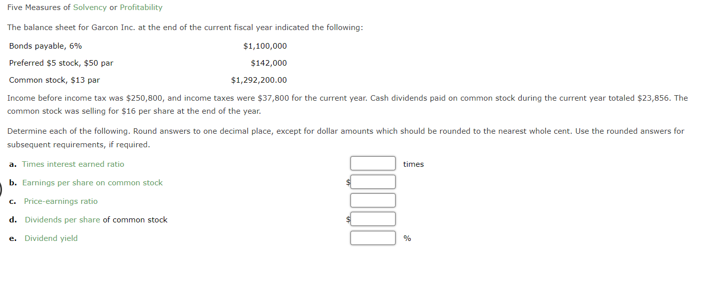 Solved Five Measures of Solvency or Profitability The | Chegg.com