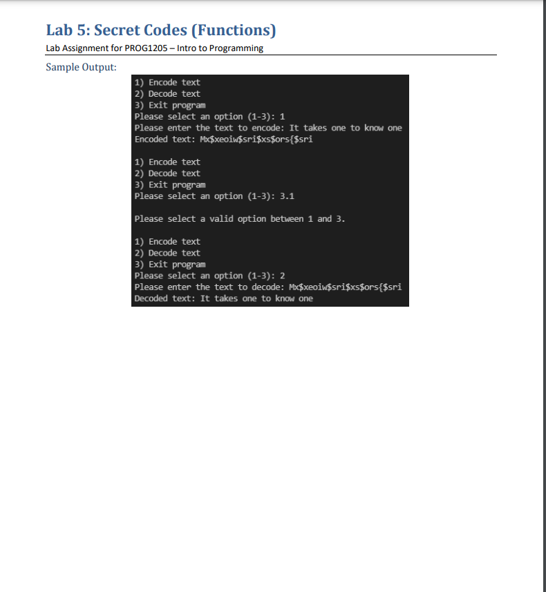 Solved Lab 5: Secret Codes (Functions) Lab Assignment for | Chegg.com