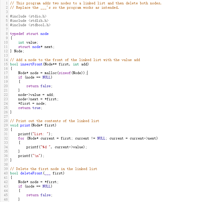 Solved = 1 // This program adds two nodes to a linked list | Chegg.com