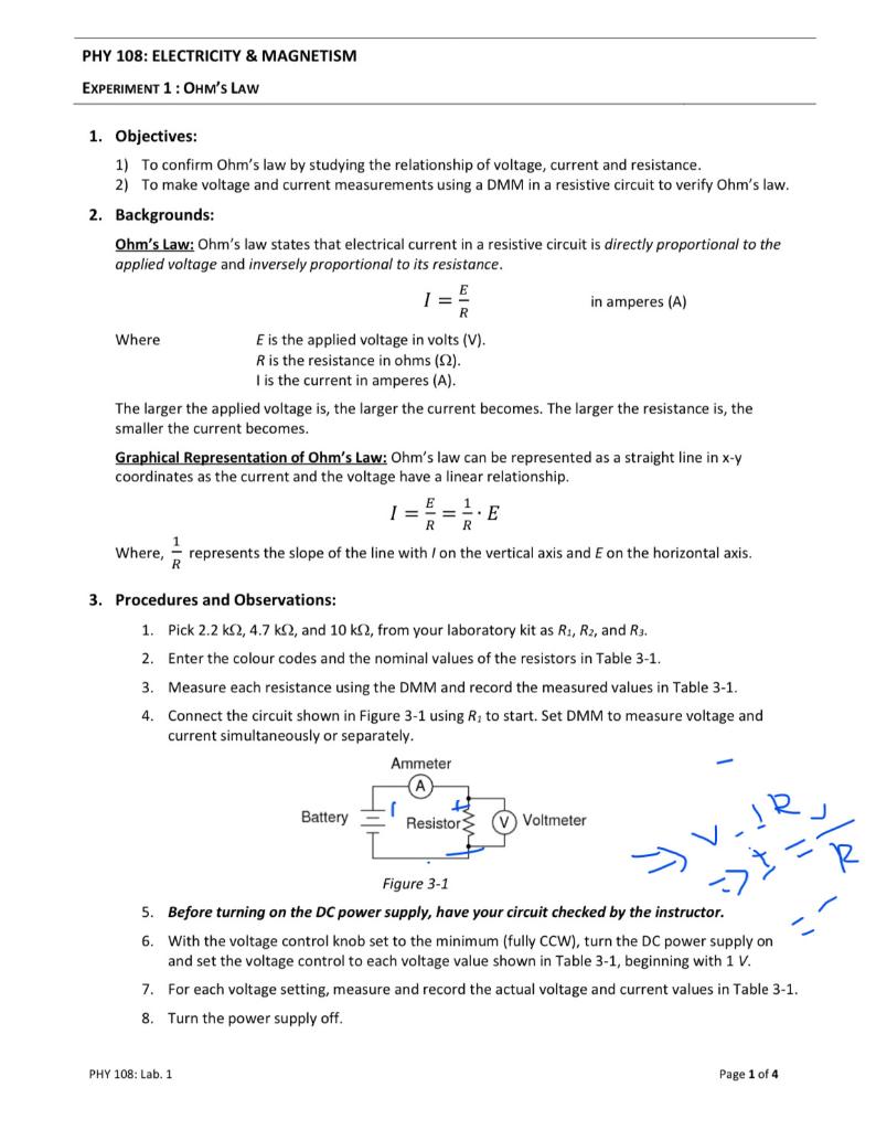 PHY 108: ELECTRICITY & MAGNETISM EXPERIMENT 1 : OHM'S | Chegg.com