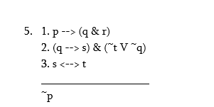 Solved 5. 1. p --> (q&r) 2. (q -->s) & (VⓇ) 3. s t Тр | Chegg.com