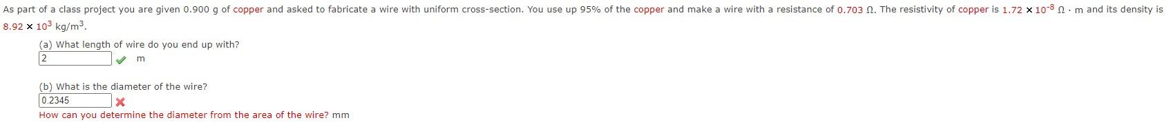 Solved .92×103 kg/m3 (a) What lenath of wire do you end up | Chegg.com