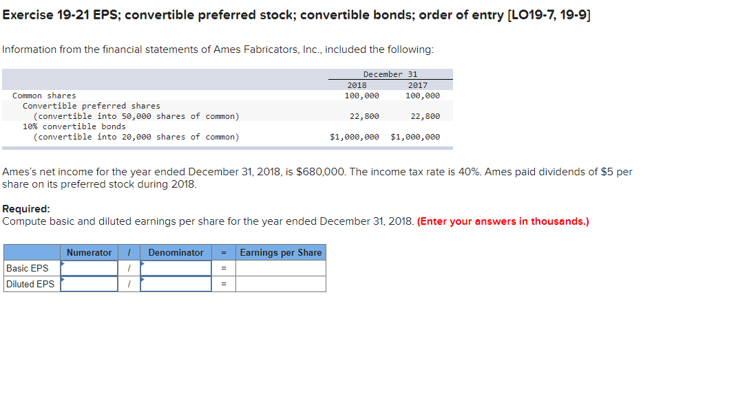 Solved Exercise 19-21 EPS; Convertible Preferred Stock; | Chegg.com