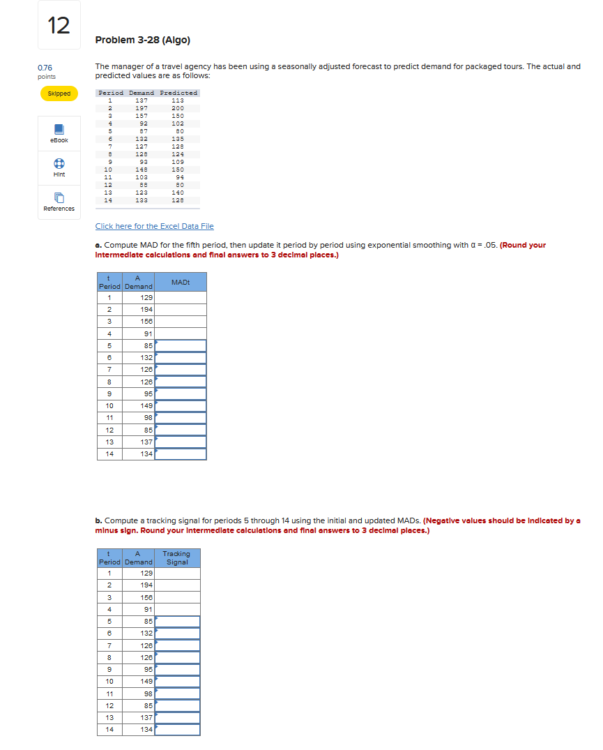 Solved 12 Problem 3-28 (Algo) 0.76 points The manager of a | Chegg.com