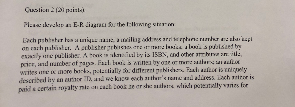 Solved Question 2 (20 points): Please develop an E-R diagram | Chegg.com