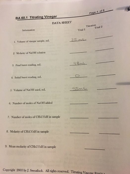BA 60.1 Titrating Vinegar DATA SHEET Titration