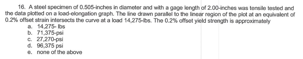Solved 16. A steel specimen of 0.505-inches in diameter and | Chegg.com