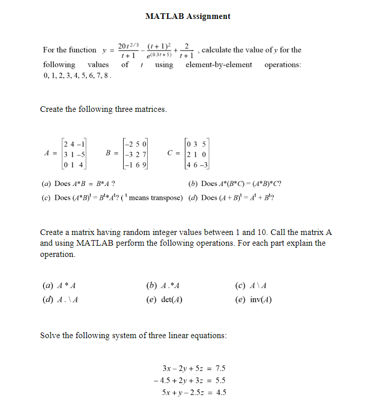 Solved MATLAB Assignment + For The Function Y = Following | Chegg.com ...