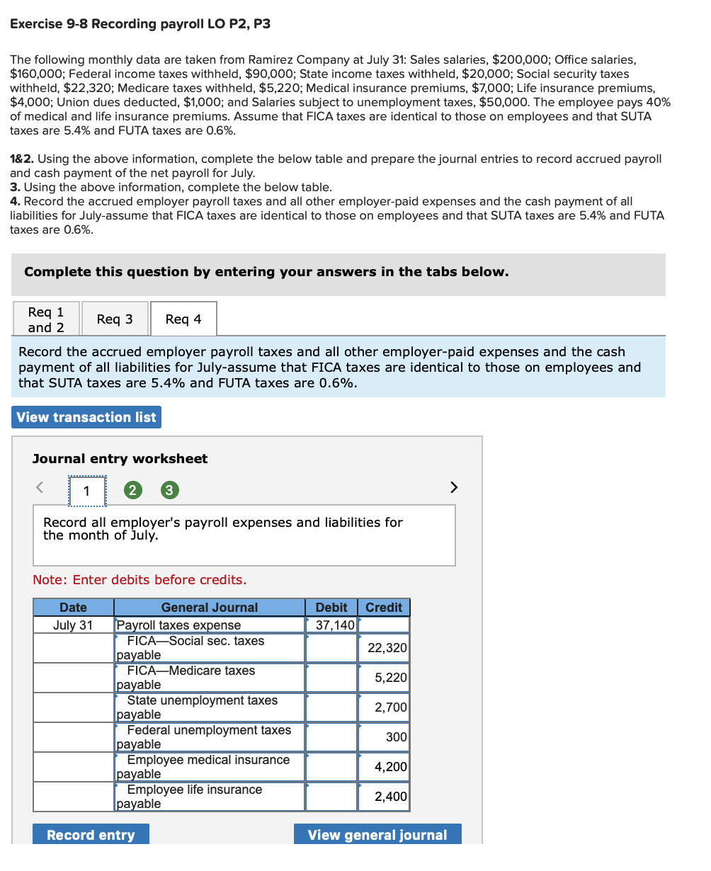 Solved Exercise 9-8 Recording payroll LO P2, P3 The | Chegg.com