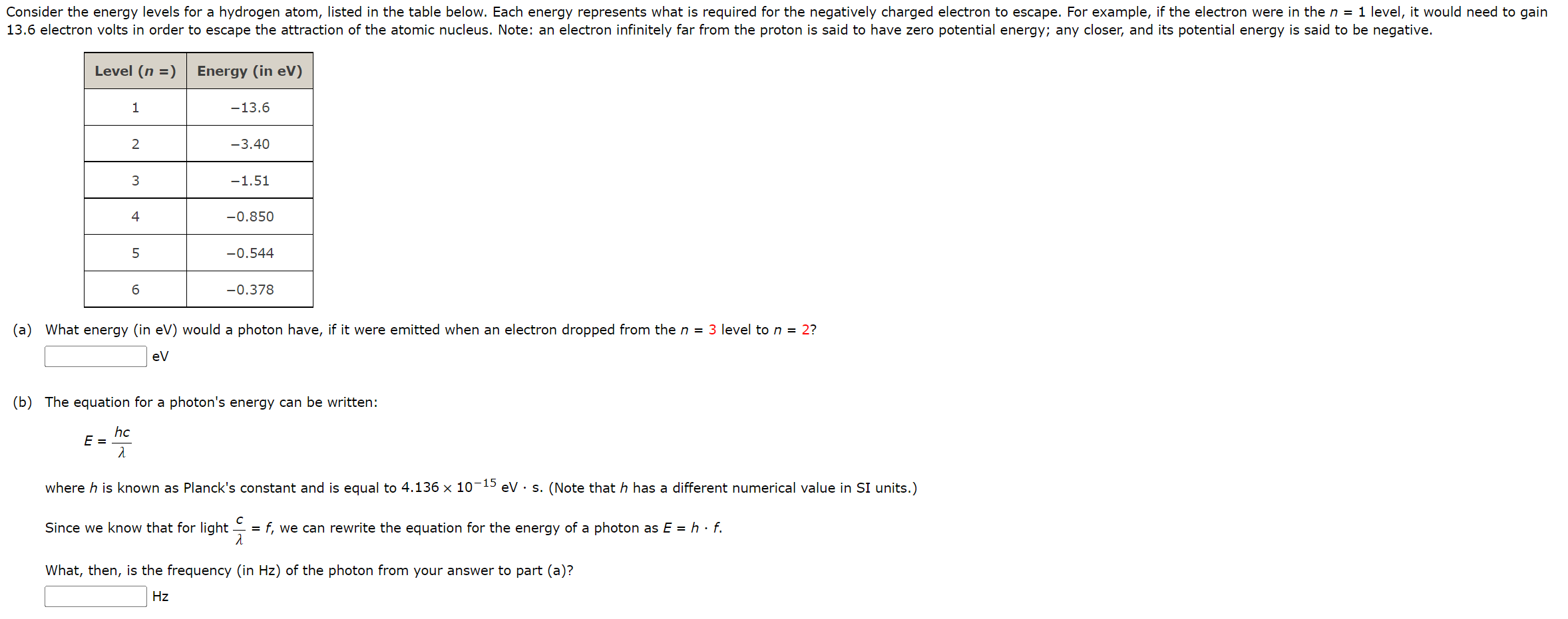 Solved Consider the energy levels for a hydrogen atom, | Chegg.com