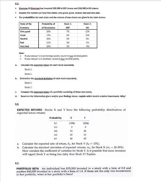 Solved BFIN 200-Homework - Chapter 6 - Risk and Return 6-1: | Chegg.com