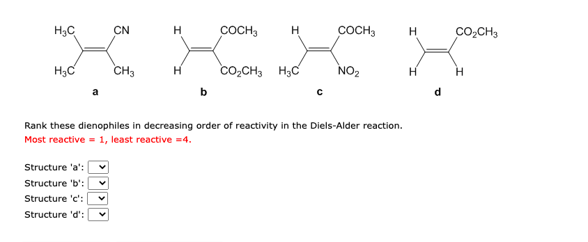 Rank these dienophiles in decreasing order of reactivity in the Diels-Alder reaction. Most reactive \( =1 \), least reactive 