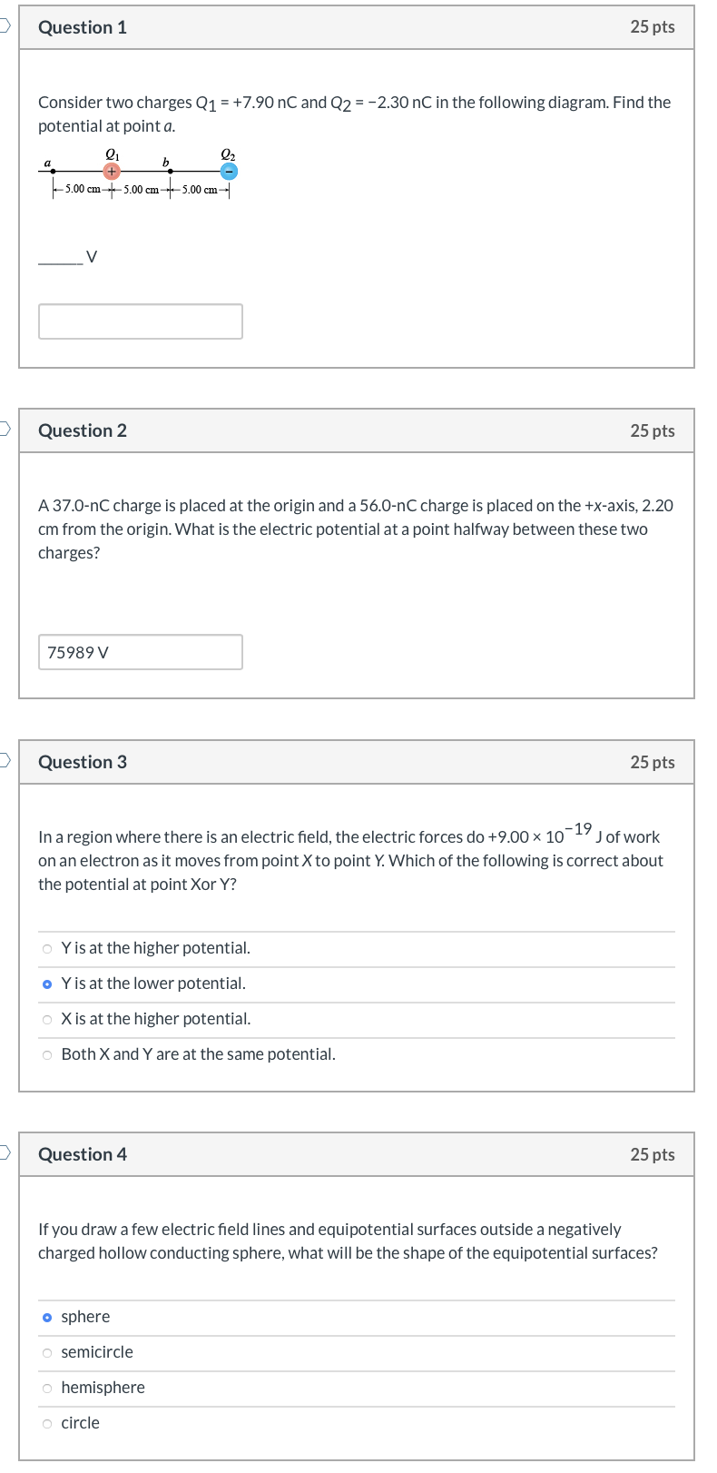 Solved Question 1 25 pts Consider two charges Q1 = +7.90 nC | Chegg.com