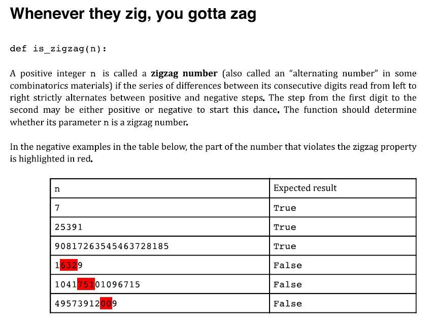 Solved Whenever they zig, you gotta zag def is_zigzag(n): A | Chegg.com