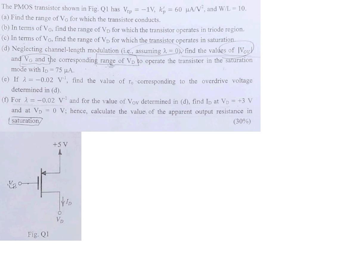 Solved The PMOS Transistor Shown In Fig. Q1 Has Vtp = -1V, | Chegg.com