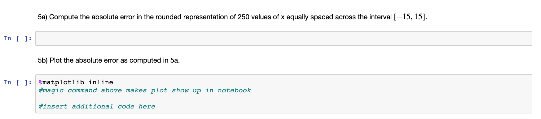 5a) Compute the absolute error in the rounded representation of 250 values of x equally spaced across the interval [-15, 15].