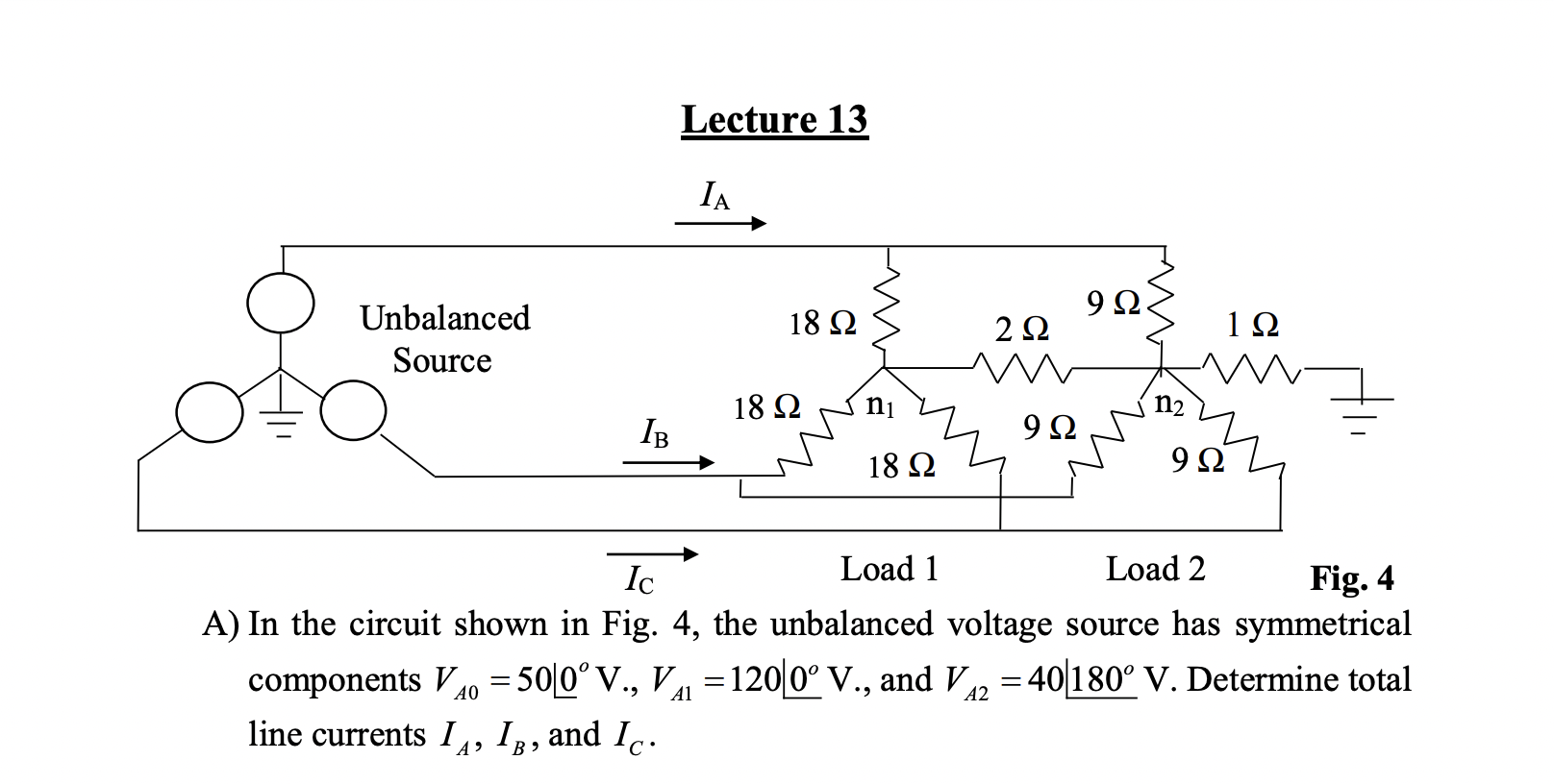 Solved Lecture 13 IA 18 Ω IB Unbalanced Source 18 Ω 9Ω 18 Ω | Chegg.com